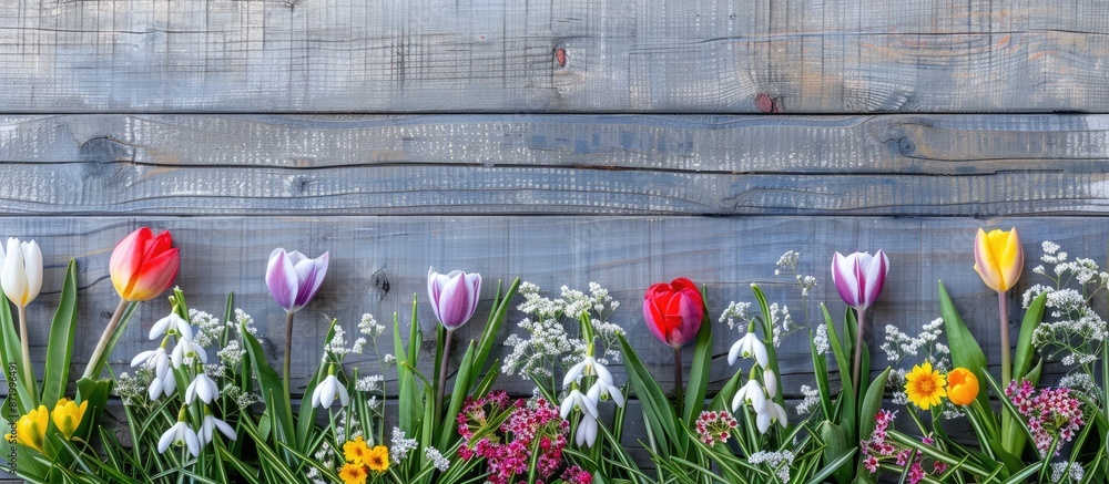 Aufkleber Grey wooden backdrop adorned with a row of tulips, snowdrops, and crocuses, creating a spring-themed border with an ample empty copy space image for decoration.
