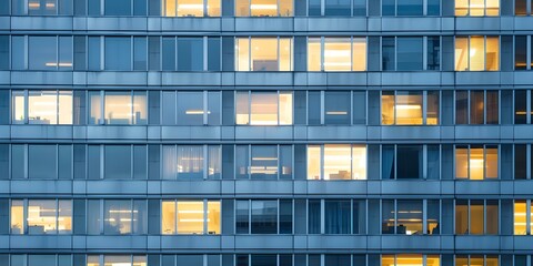 Obraz premium Building with many windows illuminated at night casting light on surroundings. Concept Architecture, Illumination, Nighttime, Urban, Bright Windows
