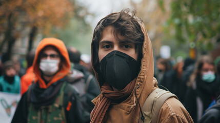 Man wearing a mask walking down the street during a pandemic.