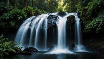 Fototapeta premium The deafening roar of a waterfall echoing through a dense forest ai_generated