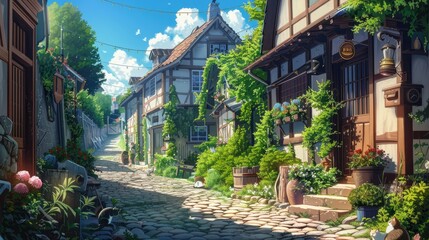 Fototapeta premium Detailed anime illustration of a quaint house on a charming street, complete with cobblestone paths and friendly neighborhood cats