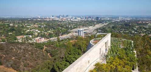 panoramic view of Los Angeles downtown and The Getty art museum