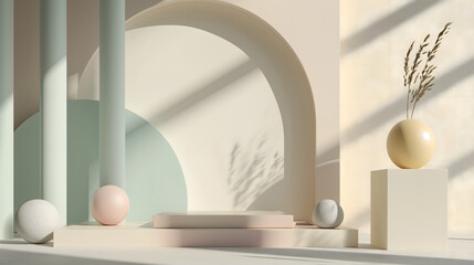 abstract 3d render white ball and cream background with sunlight and marble in the minimal style.