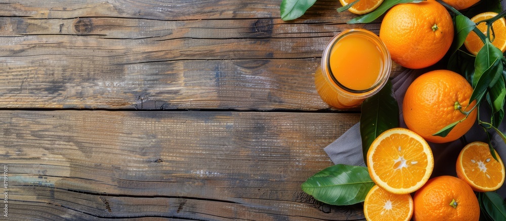 Aufkleber Close-up of delicious fresh oranges and juice on a wooden table with copy space image available.