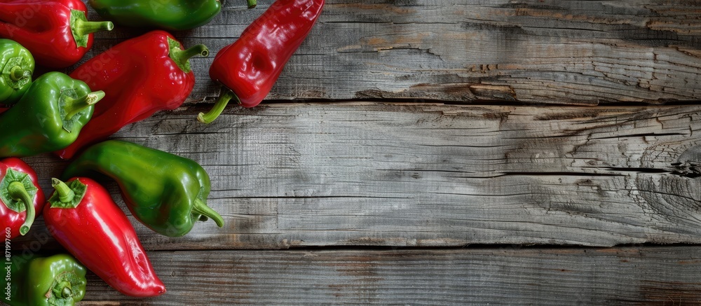 Poster An arrangement of red and green peppers on a wooden surface with a spacious empty area for adding text or other elements in a photograph.
