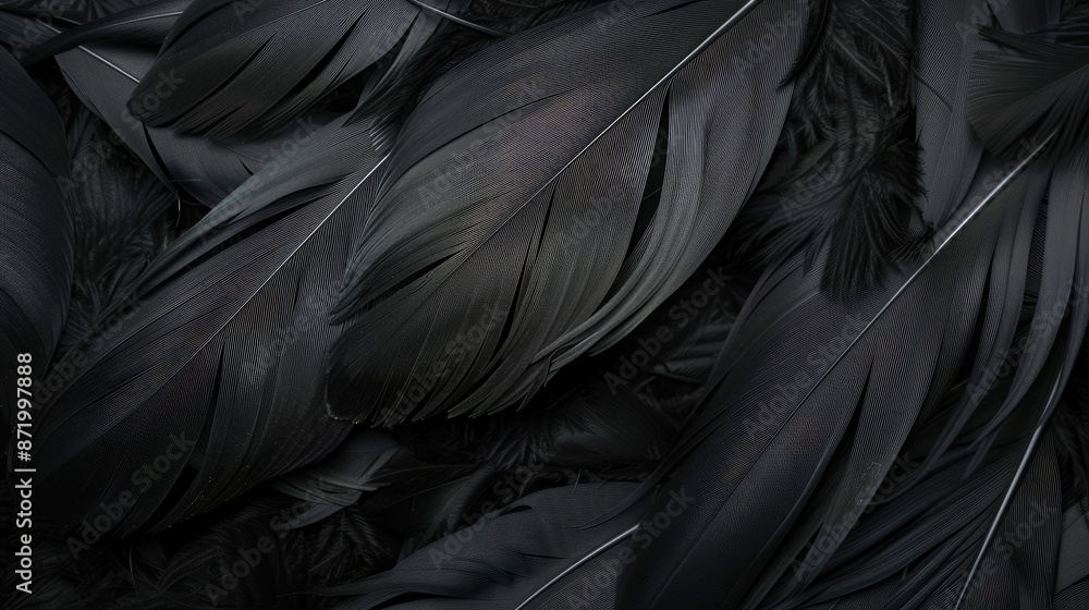 Poster detailed arrangement of black feathers in a minimalist and abstract design, offering versatility for