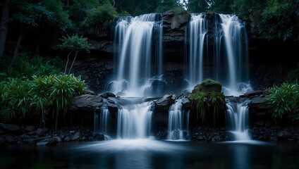Obraz premium The ethereal beauty of a moonlit waterfall cascading into a tranquil pool ai_generated