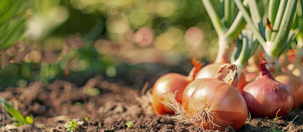 Aufkleber nature scenes featuring onions growing in a garden with selective focus and ample copy space image.