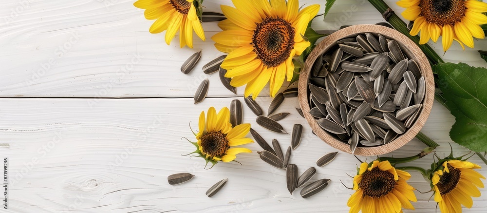 Poster sunflower seeds arranged on bamboo with a white wooden table providing ample copy space image.
