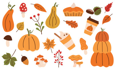 Hello, Autumn. Set of autumn elements. Vector illustration of pumpkin latte, berries, autumn leaves, chestnut, acorn, fly agaric, chanterelles, icon eps 10