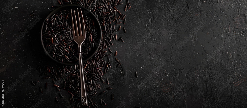Poster a top-down picture featuring wild black rice on a black background with a fork, providing space for 