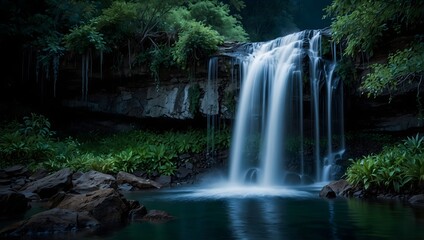 Obraz premium The ethereal beauty of a moonlit waterfall cascading into a tranquil pool ai_generated