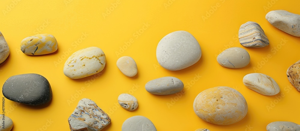 Poster minimalist composition of stones on a yellow background for product display, perfect for adding copy