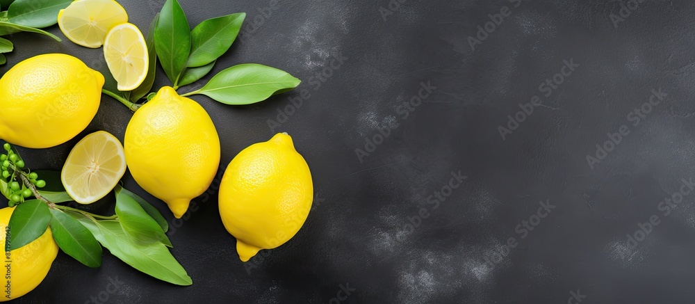 Aufkleber Top view of fresh lemons placed on a grey background with ample copy space image available.