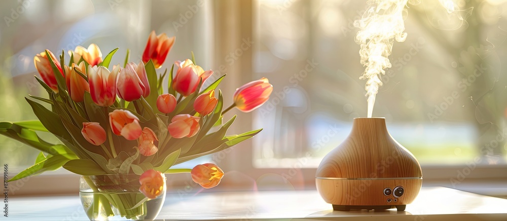 Poster a beautiful spring bouquet of tulips on a table with an aroma oil diffuser lamp, set against a blurr
