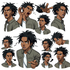 Animated Male Character With Different Facial Expressions and Hairstyles
