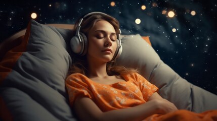 beautiful girl rests listening to music with over ear headphones , generated by AI. High quality photo