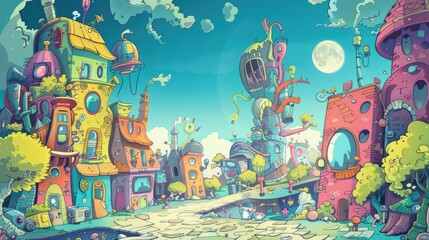 Obraz premium Detailed hand-drawn cartoon illustration background with quirky characters and a lively setting, great for storytelling