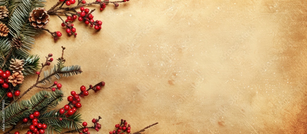 Poster old paper background with christmas branch decoration, perfect for card design, with copy space imag