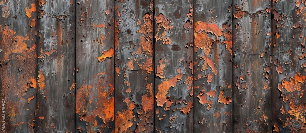 Poster decaying steel sheet with rust, flaking paint, and corrosion for background with copy space image.