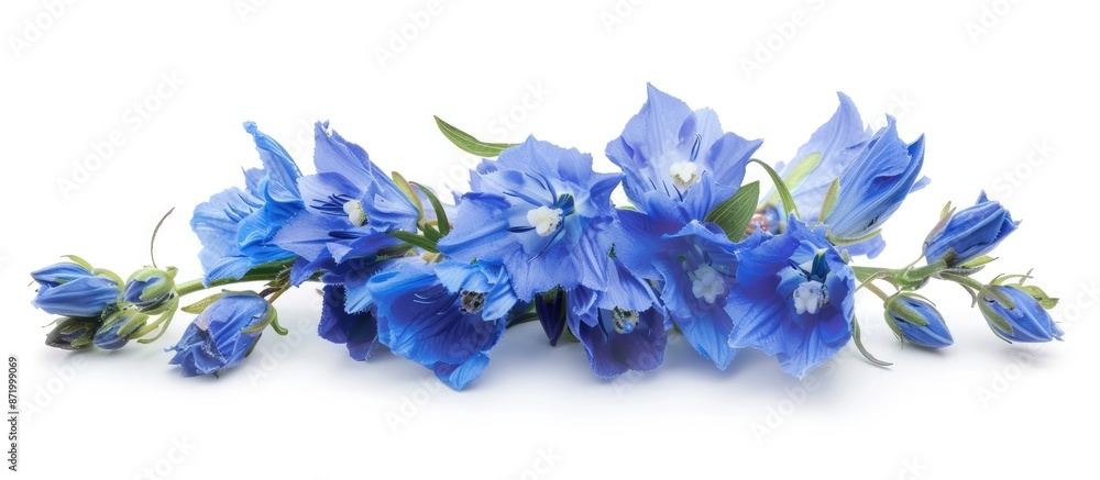 Poster Delphinium flower on a white backdrop with copy space image.