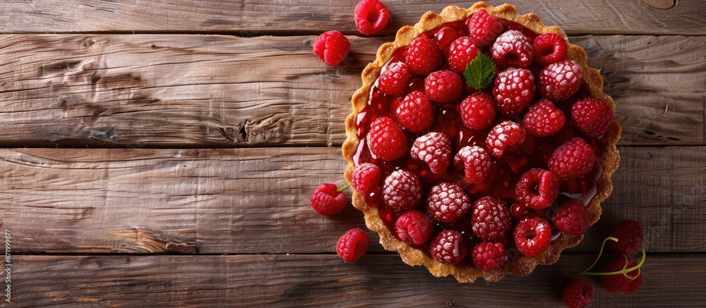 Poster wooden background sets stage for raspberry dessert, with ample copy space image.