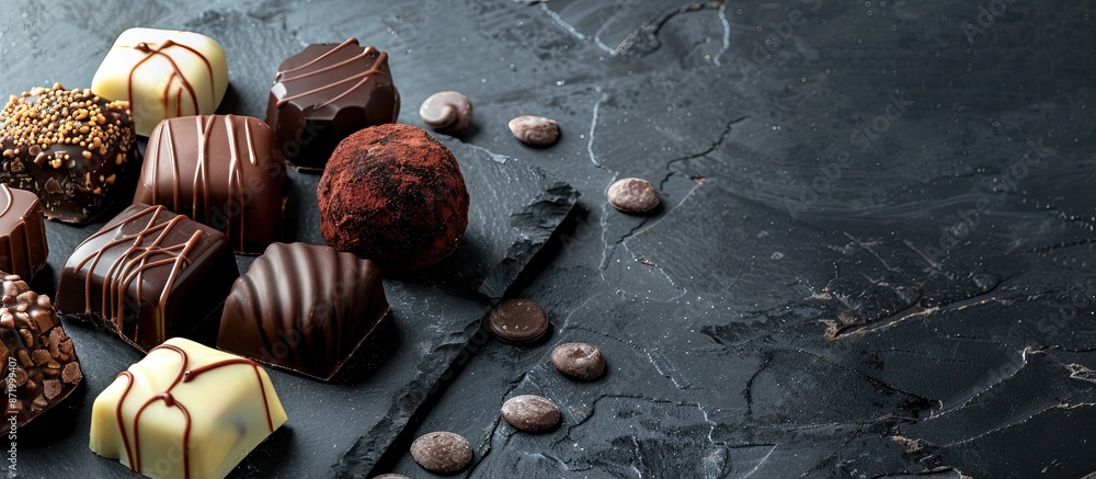 Poster closeup image of various delicious chocolate candies on a slate plate with copy space image.