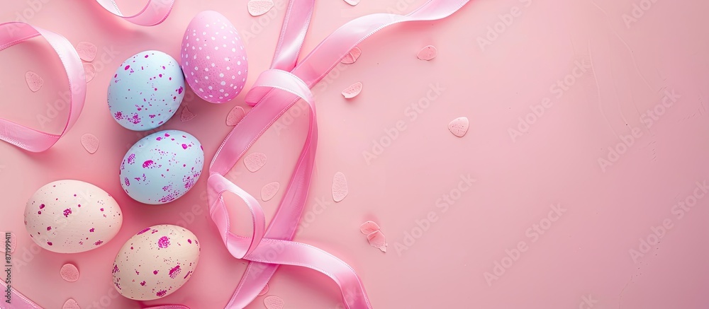 Aufkleber pink background with ribbon and easter eggs in a top view isolated for copy space image.
