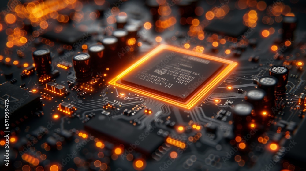 Leinwandbilder A close-up shot of a computer processor glowing orange on a circuit board.