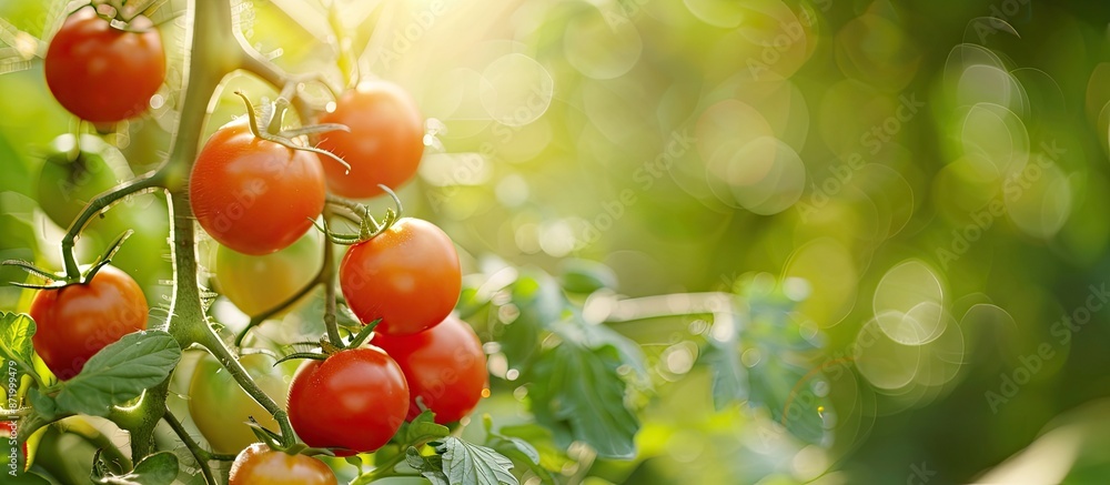 Poster Selective focus on red tomatoes growing on branches with copy space image available.