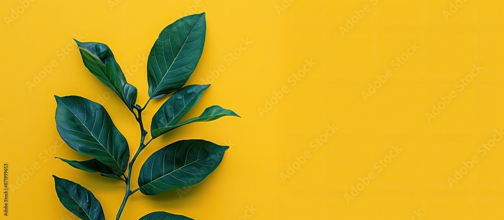 Poster a green leafy plant positioned on a vibrant yellow backdrop in the lower left corner with open space