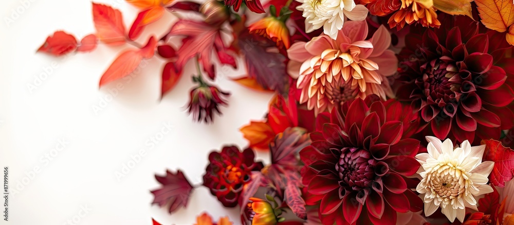 Poster autumn-themed dahlia floral arrangement with ample copy space for adding text or graphics.