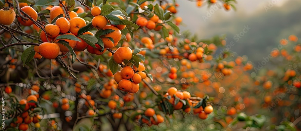Poster a kitaro persimmon ripening in a tottori prefecture orchard with a beautiful background for copy spa