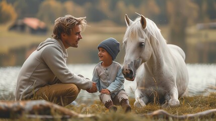 Man and Child Interact With White Horse in Autumnal Setting