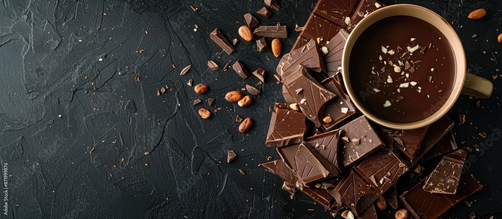 Poster close-up of a pile of dark chocolate with nut pieces on a black surface with a cup of cacao and a co