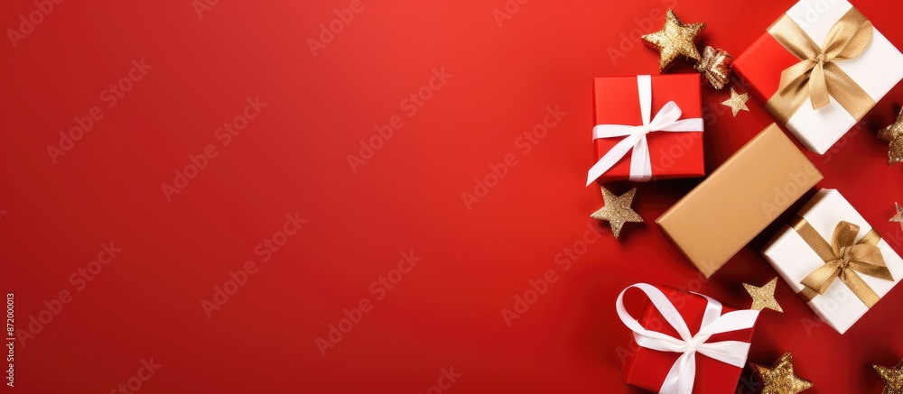 Poster flat lay showcasing gift boxes and christmas decor on a red backdrop, with a designated area for add