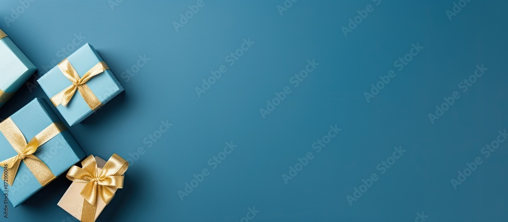 Fototapete top-down view of a blue gift box with a golden ribbon against a blue background in a banner format, 
