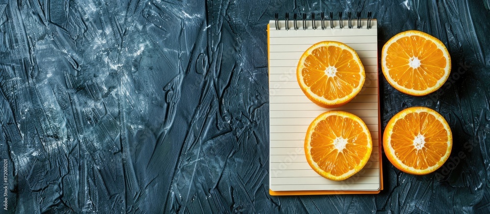 Aufkleber top view of fresh organic oranges on black surface with blank notepad. overhead shot with copy space