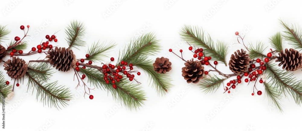 Poster an image featuring a christmas-themed border with tree branches, red berries, and pine cones on a wh