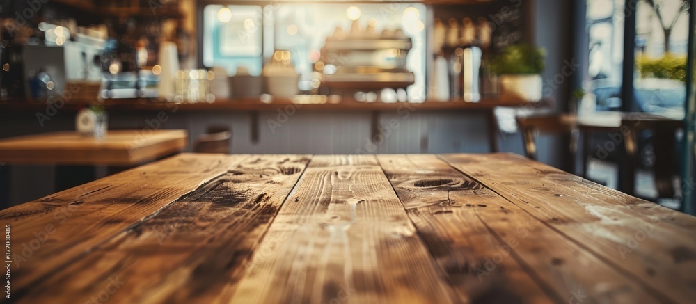 Poster focus on an empty wooden table with a blurred coffee shop background featuring bokeh effect for prod