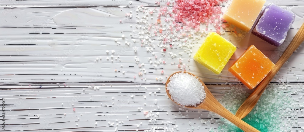 Poster a white wooden surface with sea salt on two spoons and colorful soap is pictured from above, providi