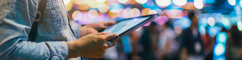 Person Using Tablet in a Vibrant Cityscape with Bokeh Lights and a Busy Urban Environment