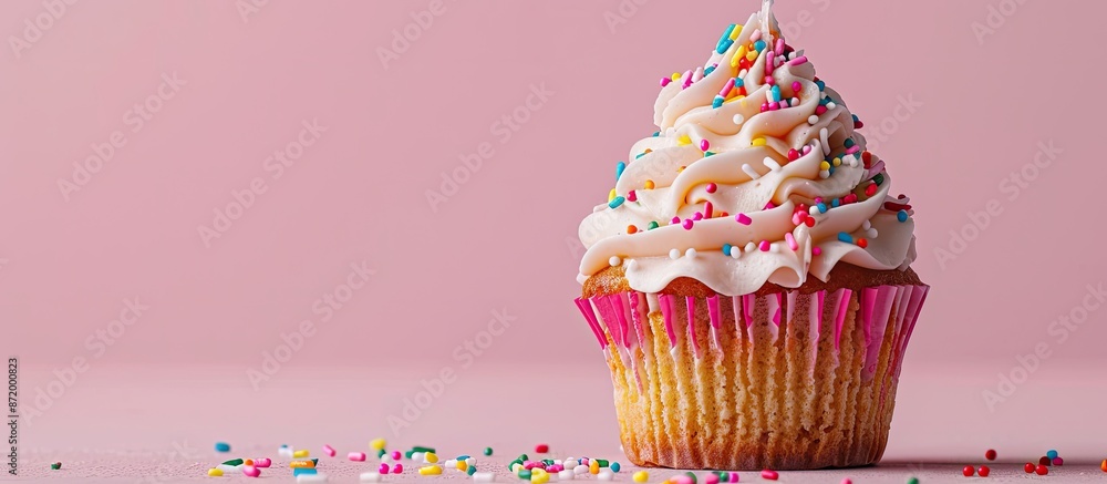 Poster a cupcake adorned with colorful sprinkles, showcasing a delightful appearance against a blank backgr