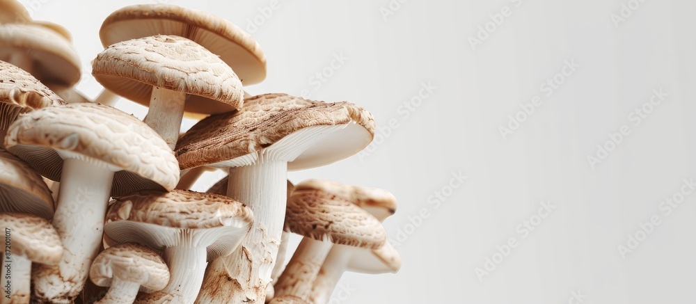 Poster brown champignons mushrooms displayed against a white backdrop with copy space image.