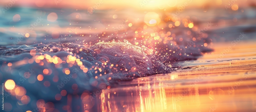 Poster Abstract bokeh background of a sunset beach with waves and sunlight reflecting on the water, creating a serene summer scene with copy space image.