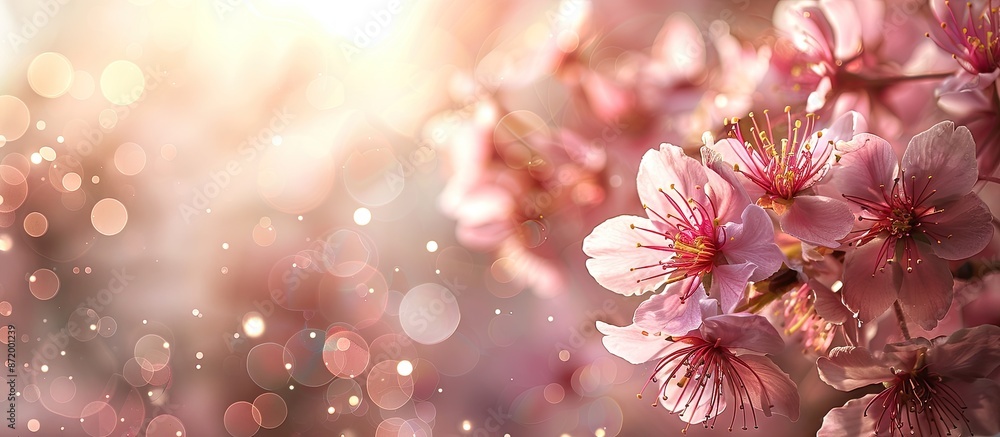 Poster Cherry tree flowers blooming softly in spring, against a blurred bokeh background with copy space image.