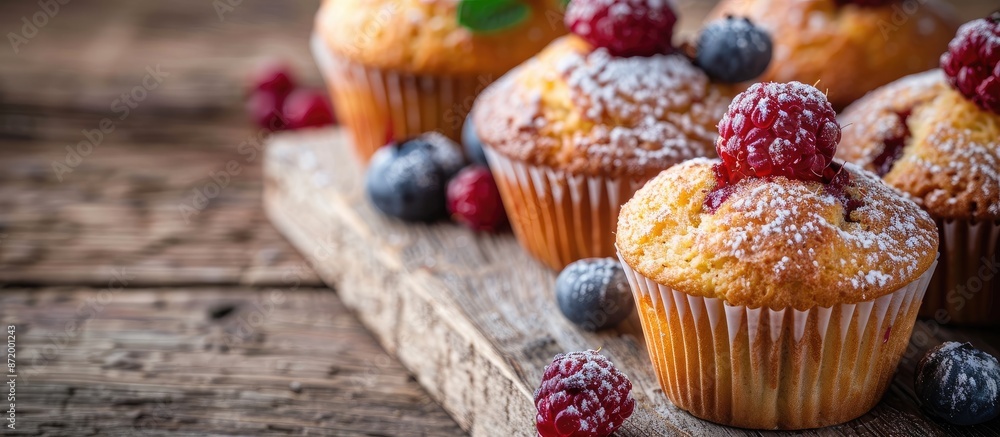 Poster delectable muffins arranged beautifully on a rustic wooden table, providing a perfect setting for a 