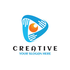 Obraz premium Design elemen web circle triangle logo icon. community, connection, support, teamwork, meeting circle design symbol. Business unity illustration. Blue media brand creativity vector graphic idea
