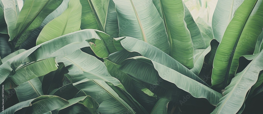 Poster Soft pastel-toned green banana leaves in a natural setting with an open space for incorporating an image.