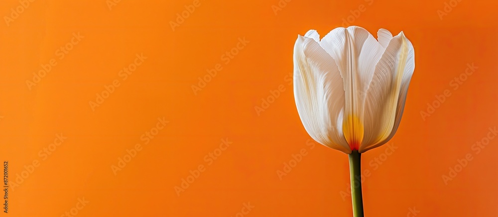Aufkleber White tulip in a spring-themed image with an orange backdrop and space for text. Floral design for greeting cards with a minimalistic and geometric style.